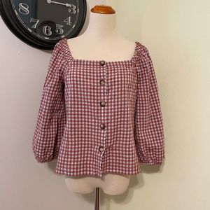 Madewell Seersucker Gingham Puff Sleeve Square neck top 0 Pumpkin Spice Sky Blue